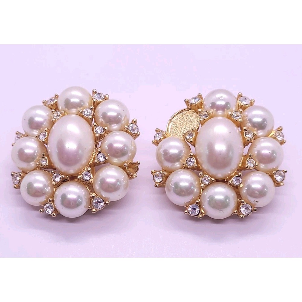 Vintage Christian Dior Faux Pearl Rhinestone Cluster Clip-On Earrings Signed